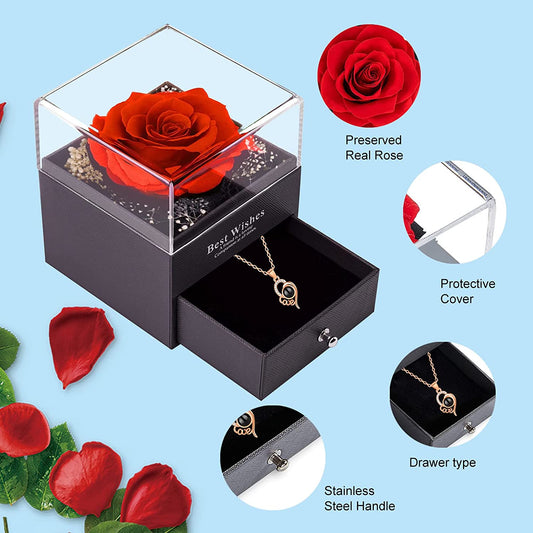 Real preserved rose with I Love You necklace, Red