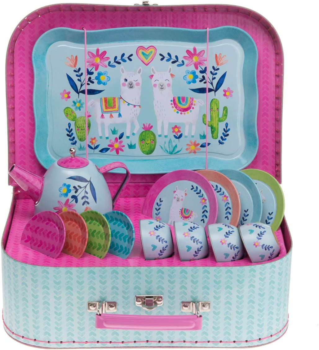 15 piece tin tea set and carrying case with llama design