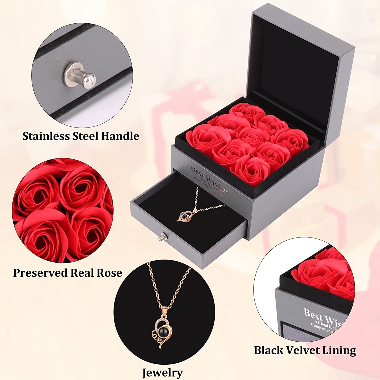 Real preserved rose with I Love You necklace, 9Red