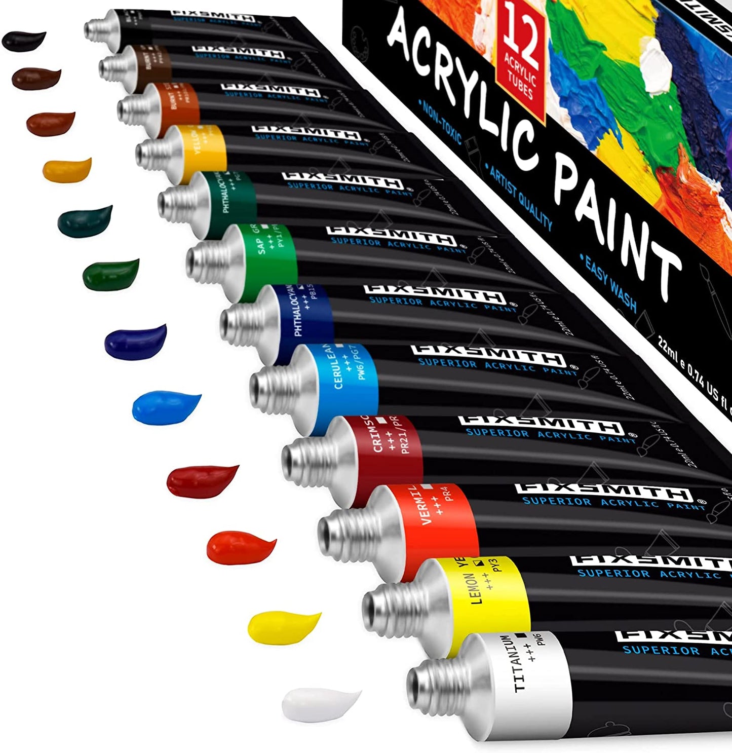 Acrylic paint, set of 12 colors/tubes (0.74 oz, 23 ml)