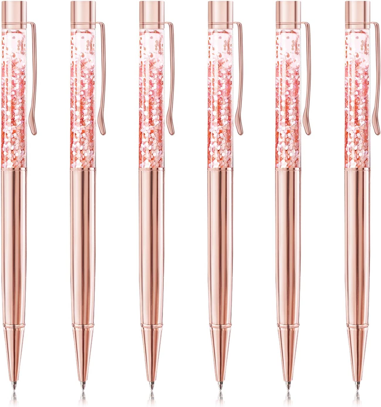 6 rose gold metal ballpoint pens with refills, black ink