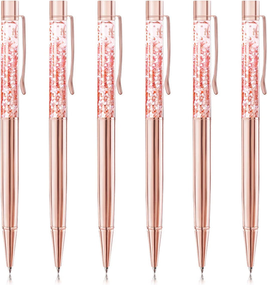 6 rose gold metal ballpoint pens with refills, black ink