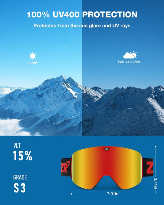 Magnetic ski goggles, black frame, red lens Revo Vlt 15% S3