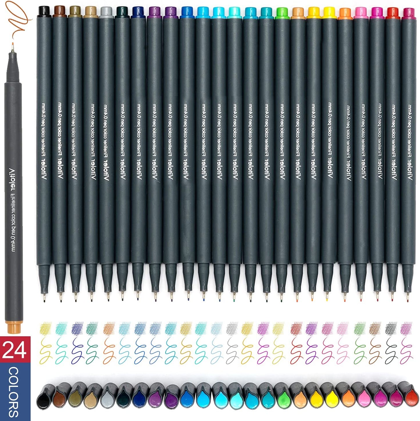 24 colored fine point markers for writing, 0.4 millimeters