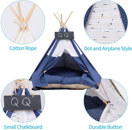 Pet teepee with cushion and blackboard (blue)