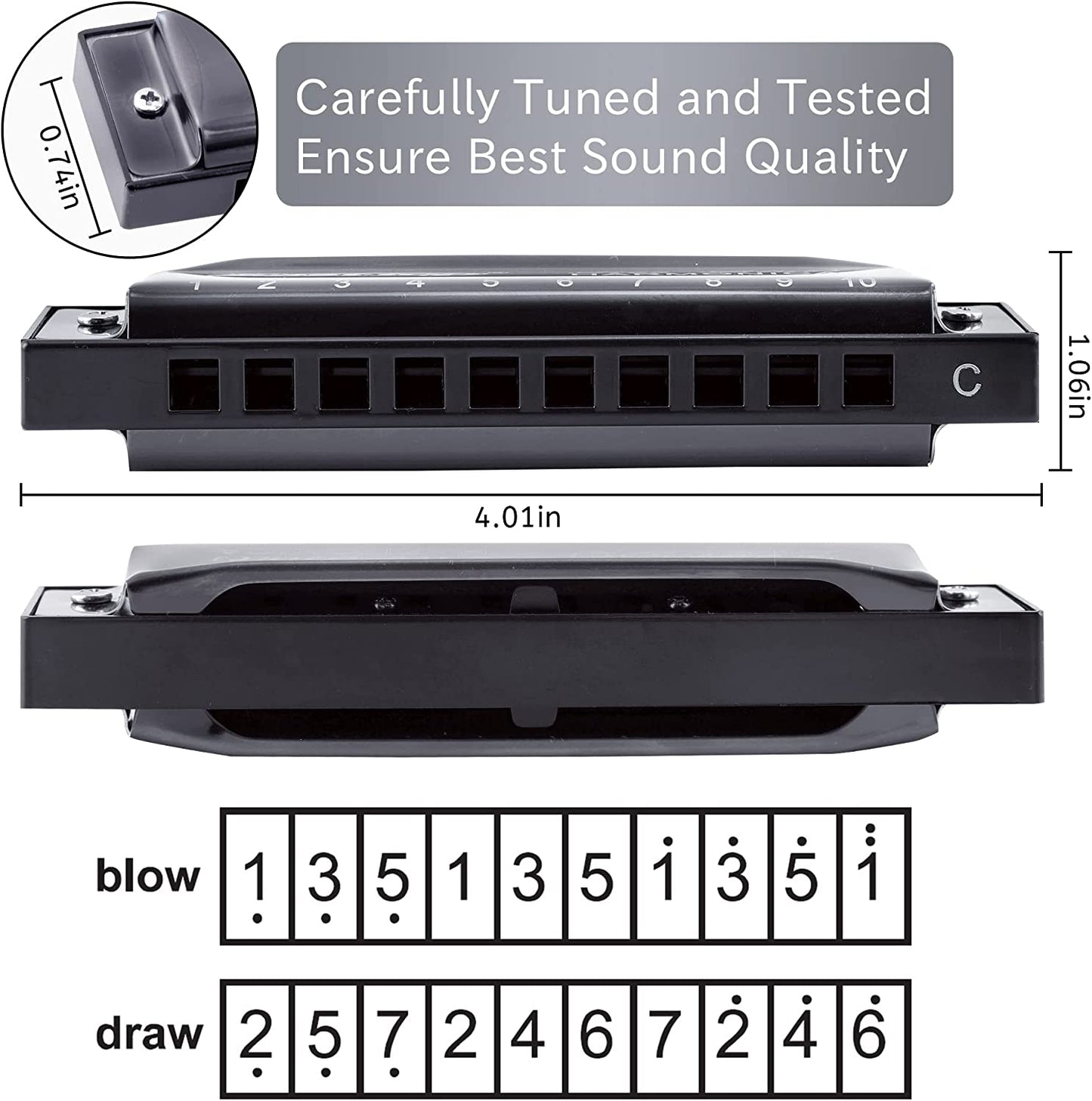 10 Hole Diatonic Harmonica Key of C, (Black)