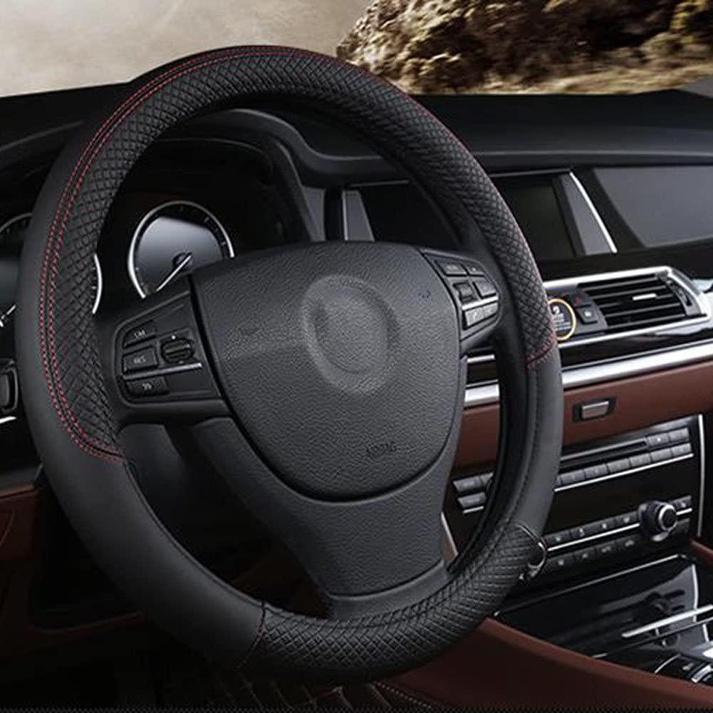 Leather car steering wheel cover, 15 inch universal fit