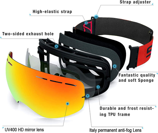 Ski goggles over goggles, UV400 anti-fog, Red