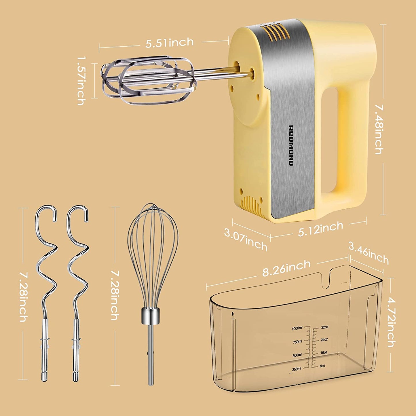 Electric Hand Mixer, Yellow, 5.69 x 3.15 x 7.78 inches