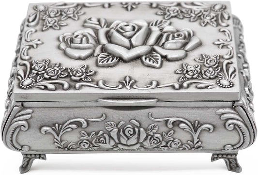 Rectangular Vintage Metal Rose Pattern Jewelry Box