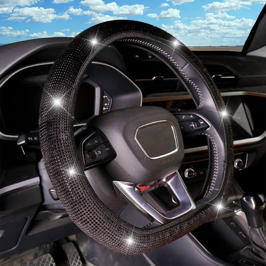 Car steering wheel cover with rhinestones, non-slip (black)