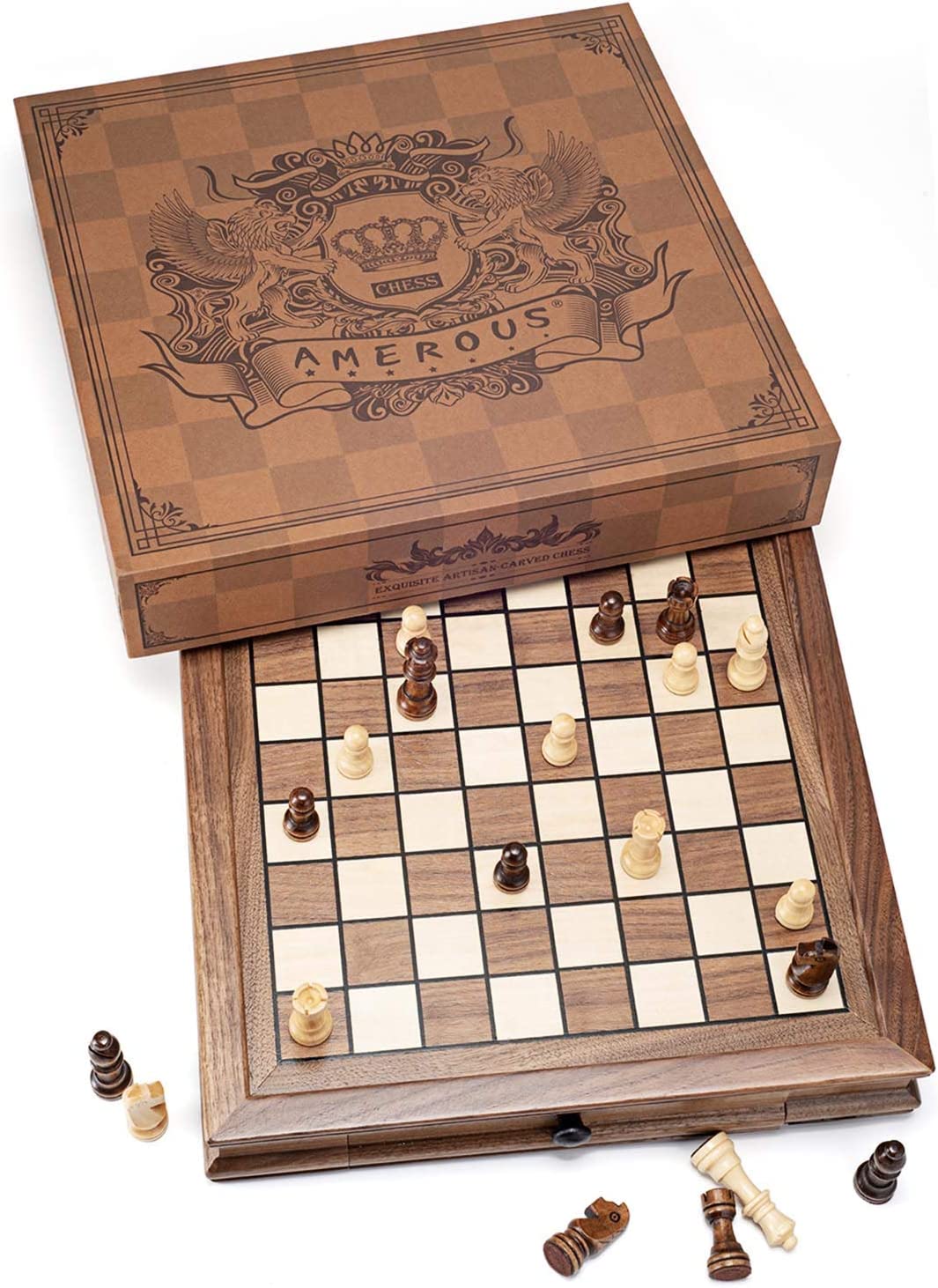 12.8" x 12.8" Wooden Magnetic Chess Set with 2 Storage Drawers