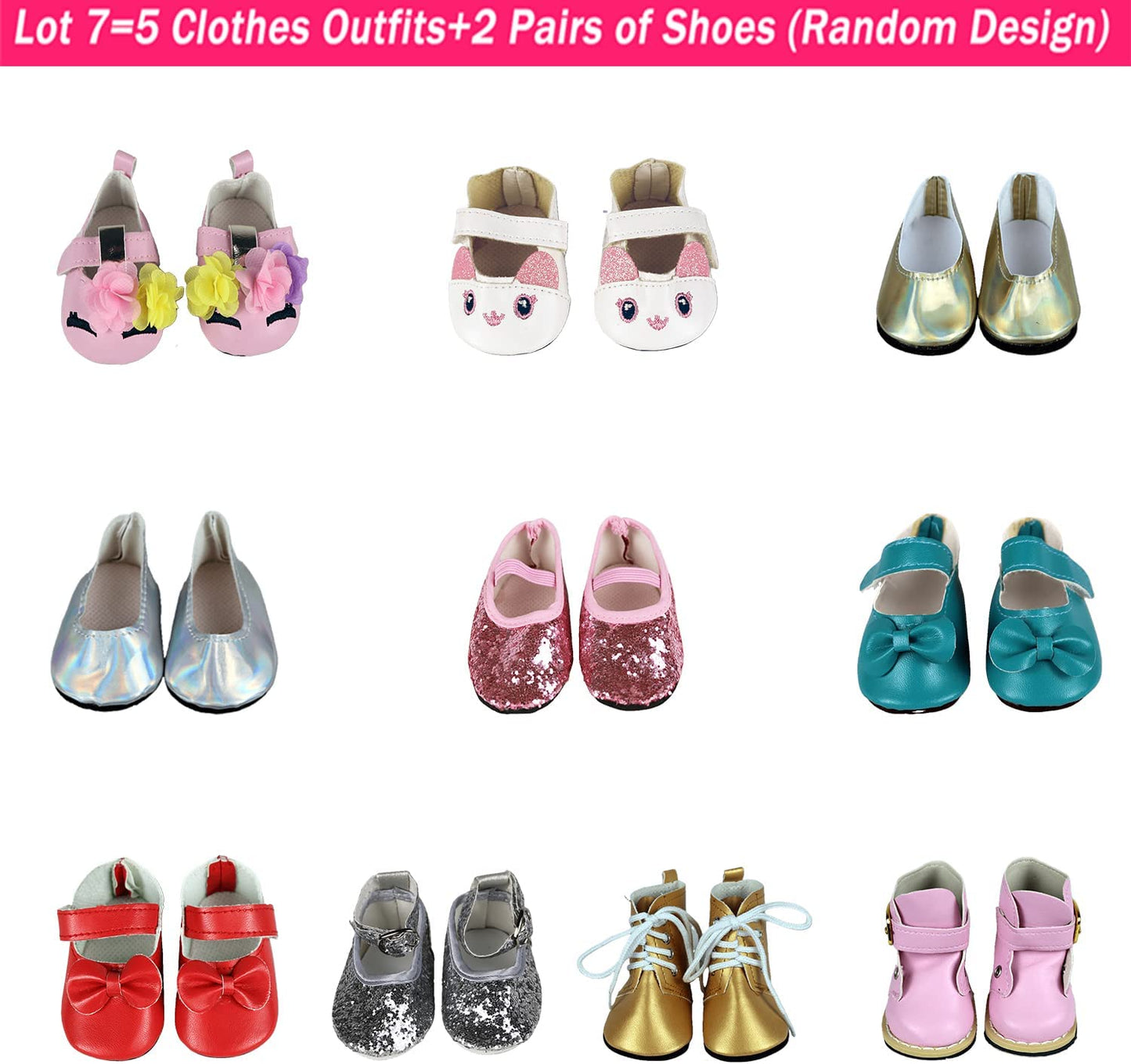 18 inch doll clothes, 5 daily wear clothes, dress + 2 shoes