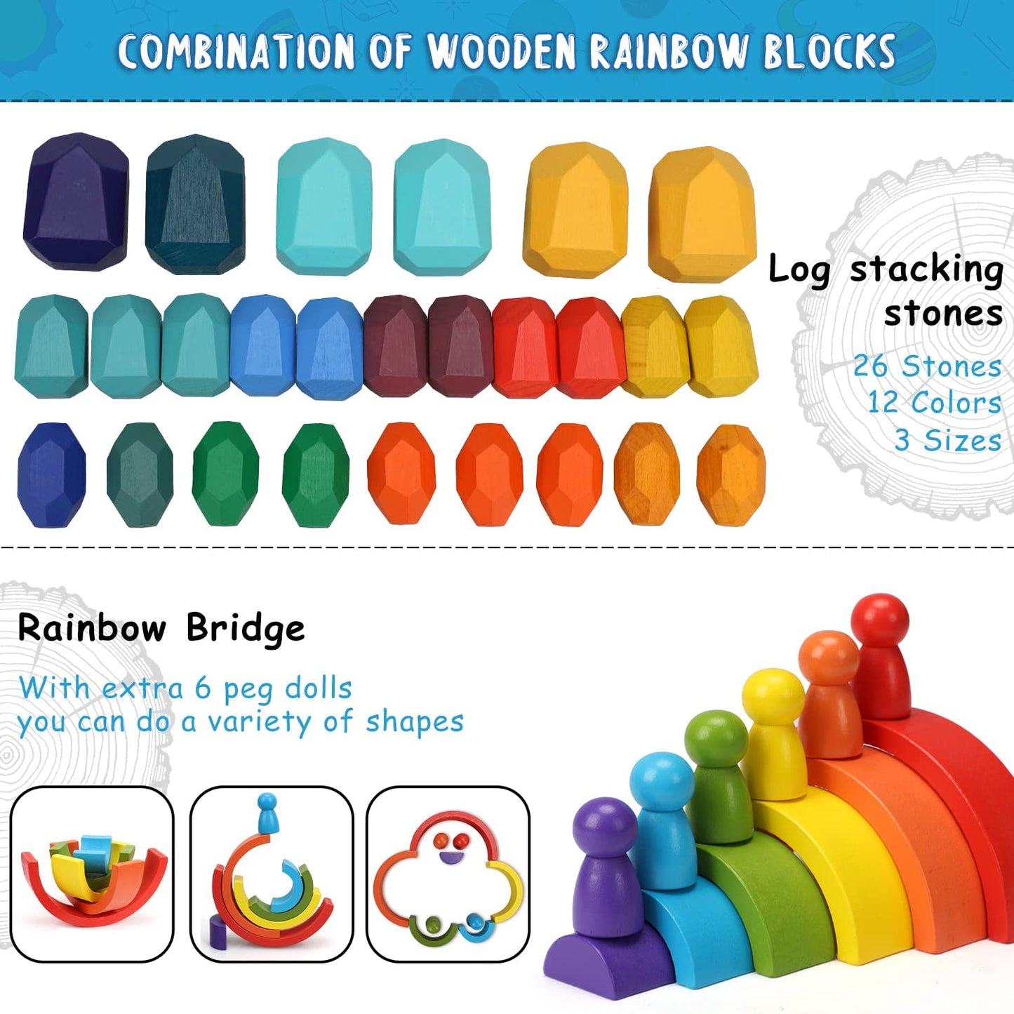 wooden rainbow stacking stones set, 26 pieces