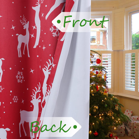 2 Christmas Deer Print Curtains, 52" x 108", Red