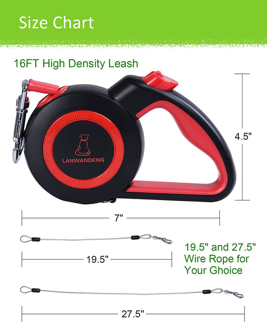 Retractable Pet Leash with 2 Wire Ropes, 16ft, Medium, red
