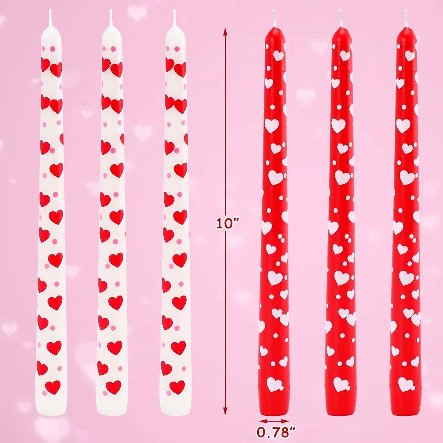 White and Red Heart Taper Candles, 10" Tall, Set of 6