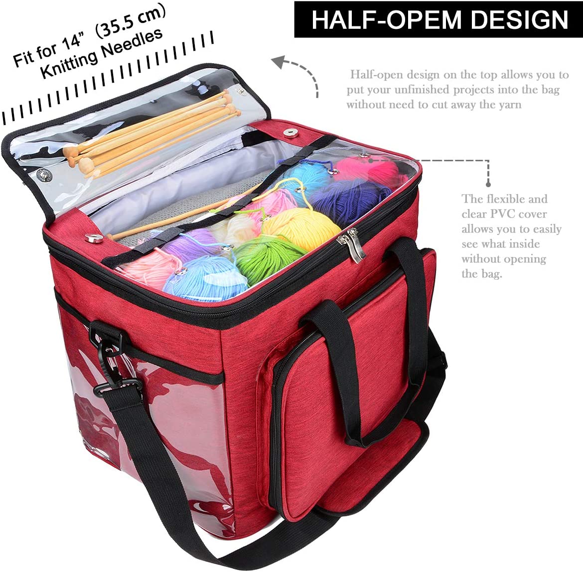 14" Portable Internal Divider Knitting Yarn Storage Bag (Red)