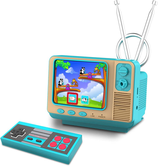 Mini retro TV game console, 2 players, turquoise