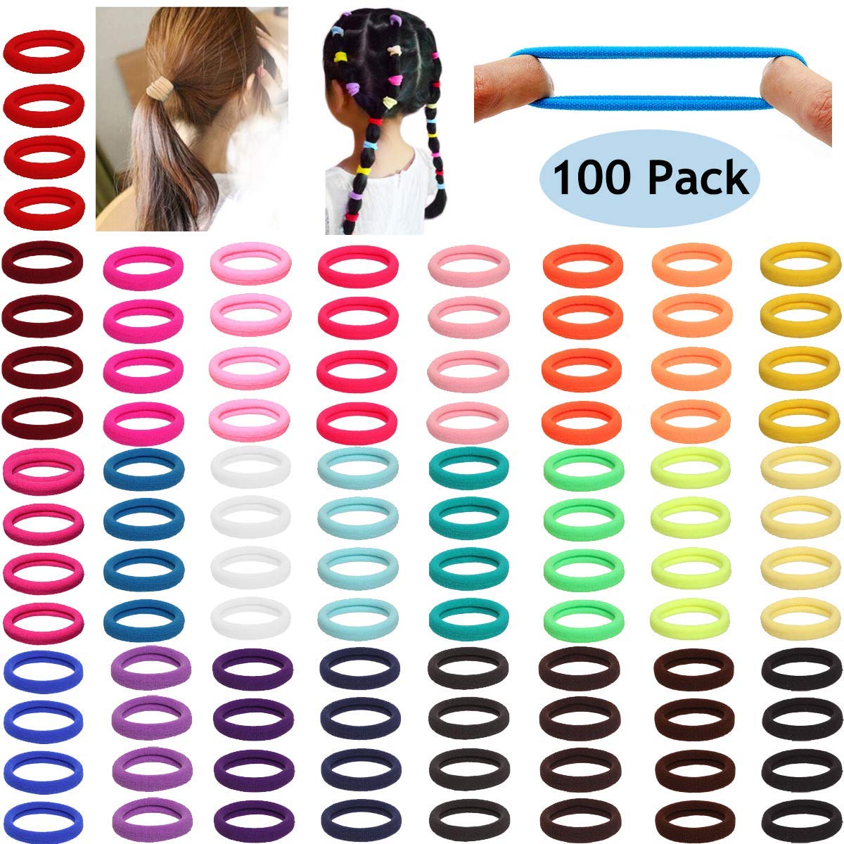 100 Pieces Solid Color Elastic Hair Ties