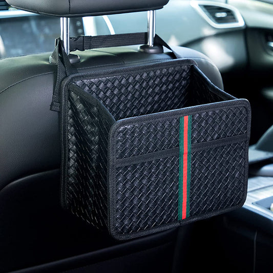 Car backseat organizer, (Woven textured leather- Color: Black)