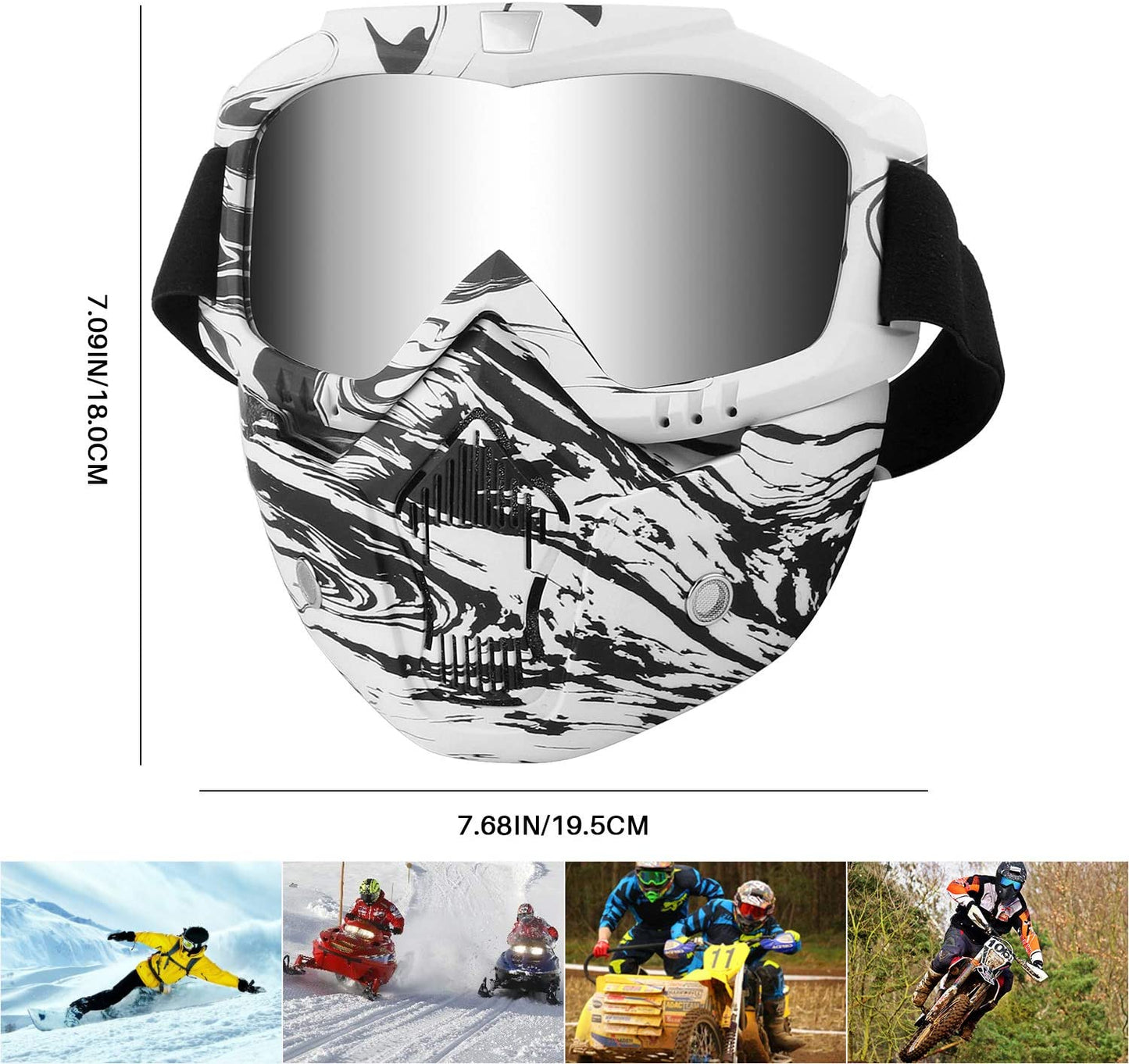 Motorcycle goggles with removable face mask (black and white)