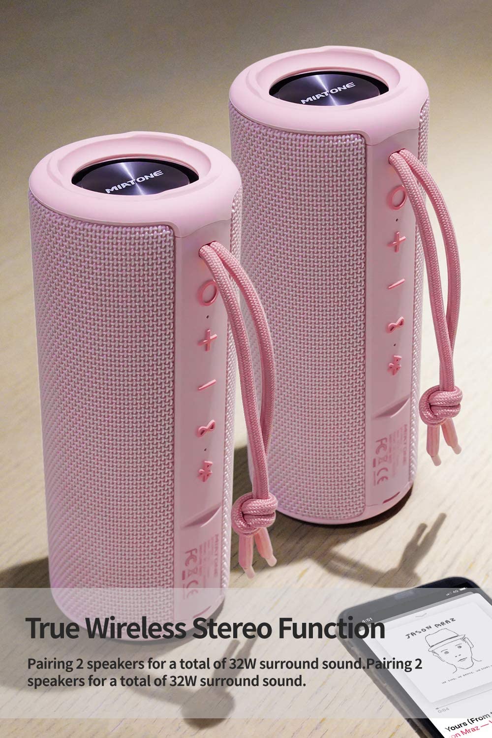 Waterproof wireless portable bluetooth speaker - pink color