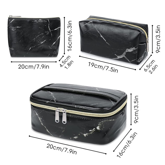 3-Piece Makeup Case, Waterproof Organizer, Black Marble