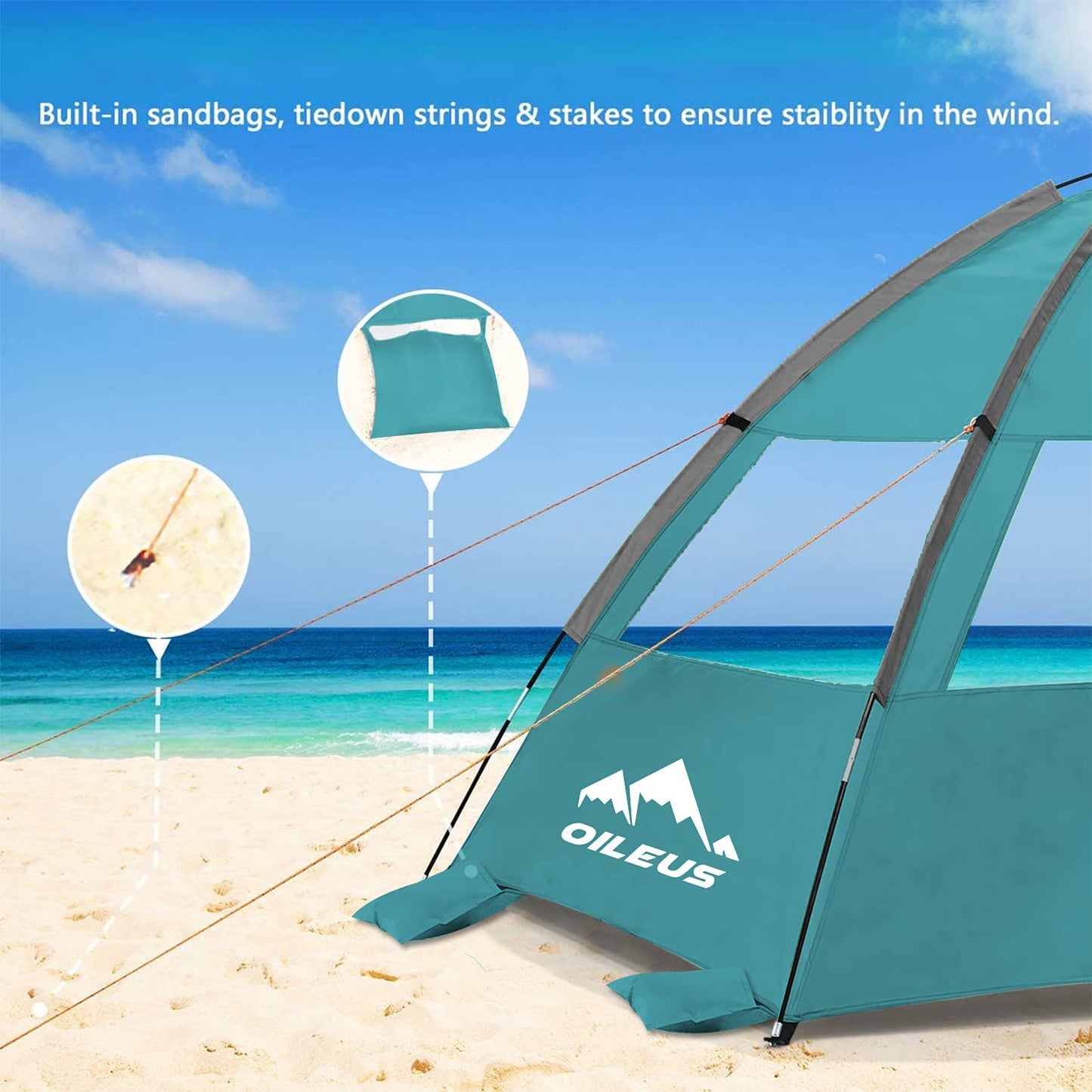 2-3 person portable sun tent with ventilation mesh, light green