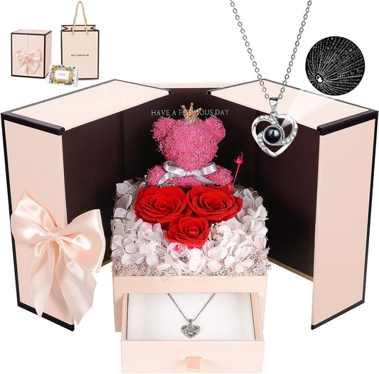 Preserved Mossy Rose Bear with 100 I Love You Necklace