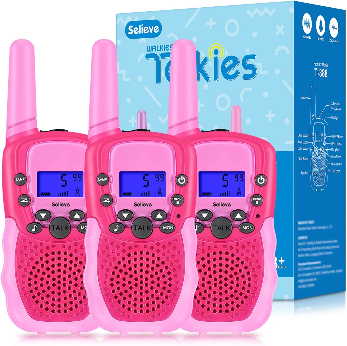 Kids Walkie Talkies 3 Pack 3KM Range 22 Channels Rose Pink