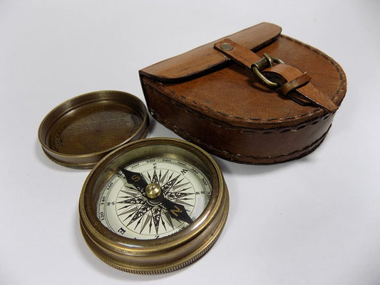 Vintage Style Brass Pocket Compass with Leather Case