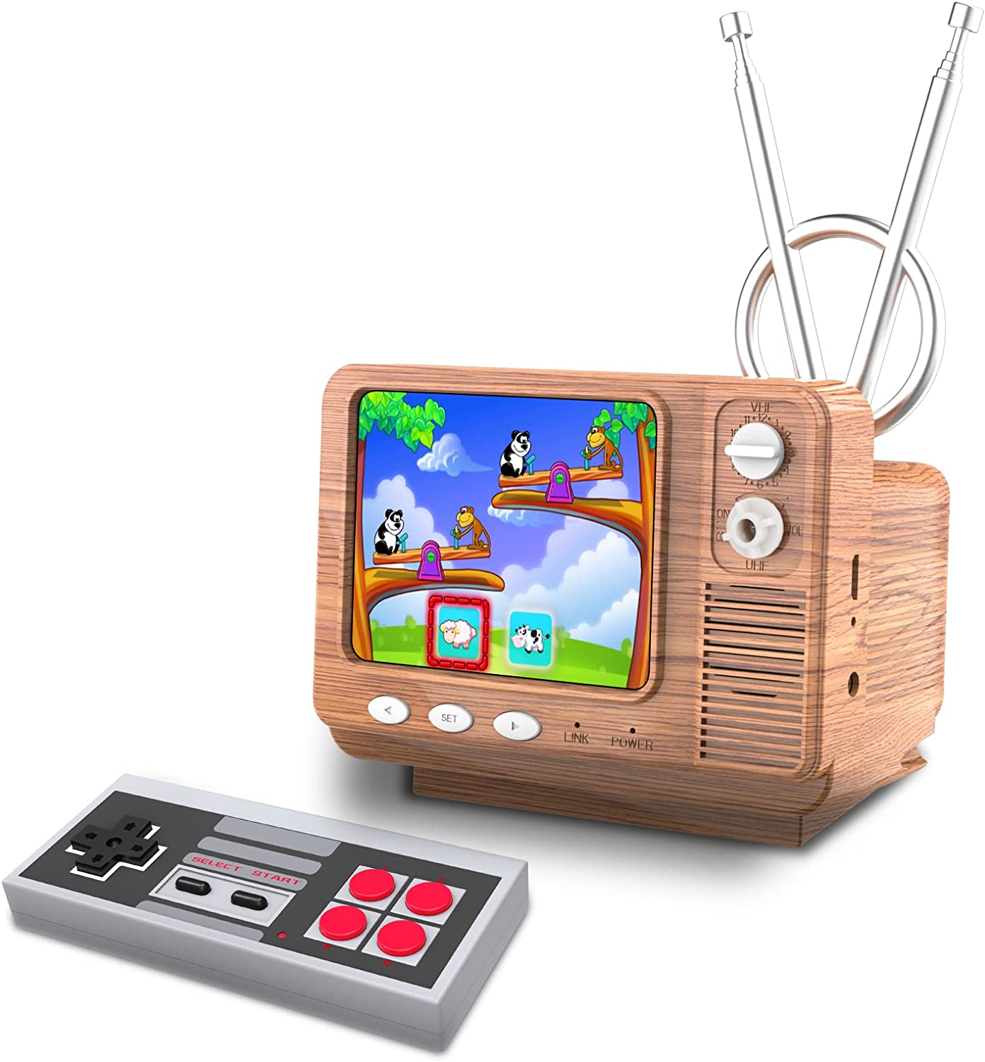 Mini retro TV game console, 2 players, Wood Grain