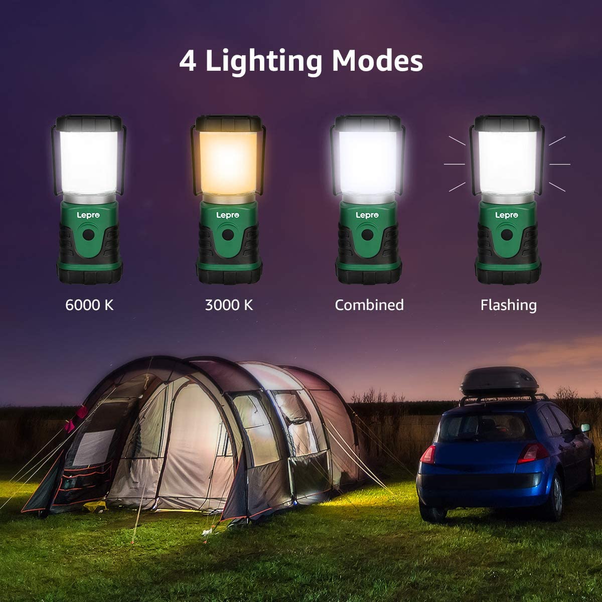 2 Packs LED Camping Lantern, 350LM, 4 Light Modes, (White)