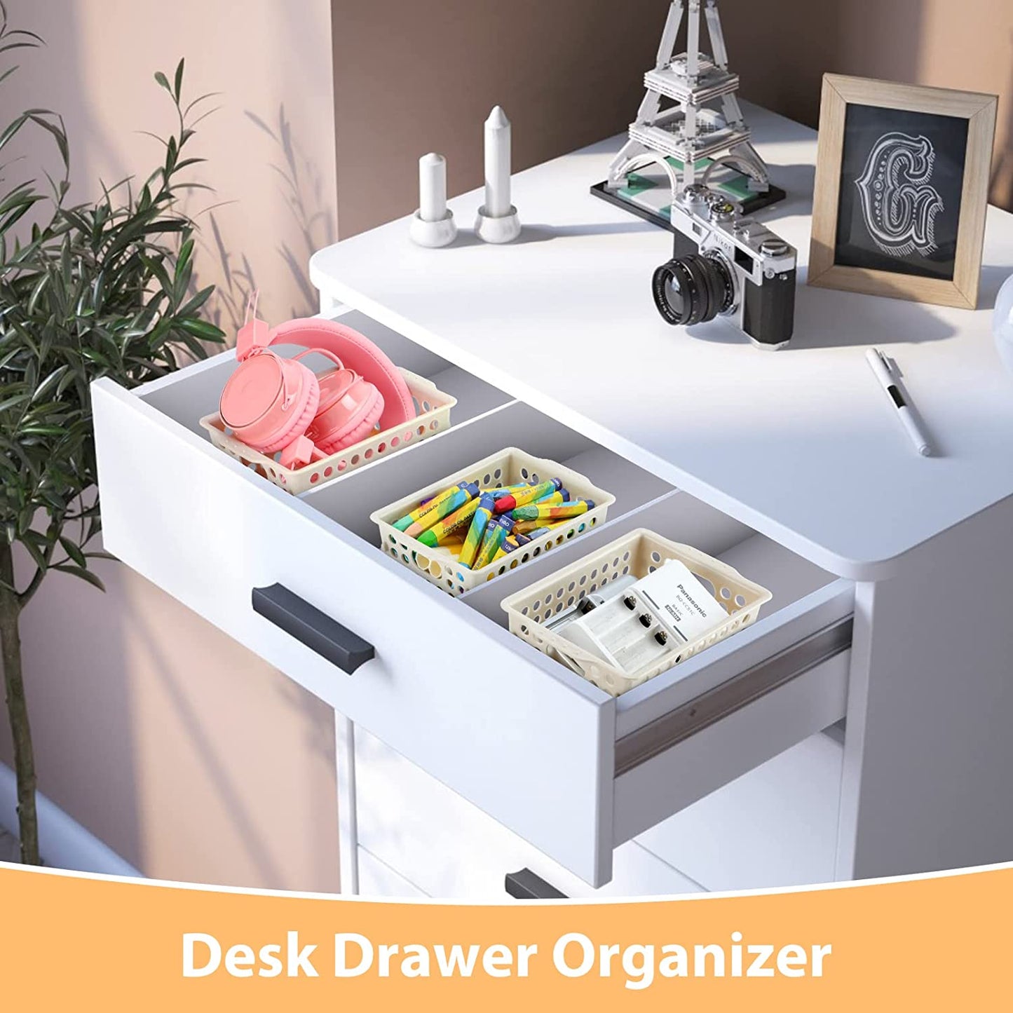 Small plastic baskets to organize desk drawers, Beige-12