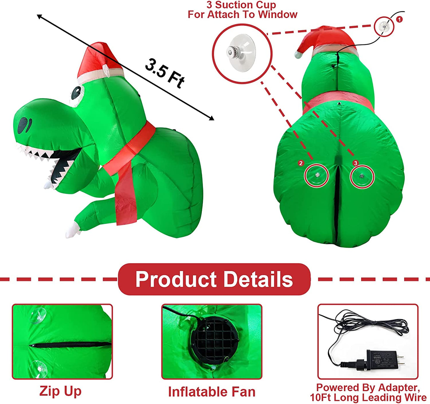 3.5ft Christmas inflatable with LED lights, Santa Dinosaur