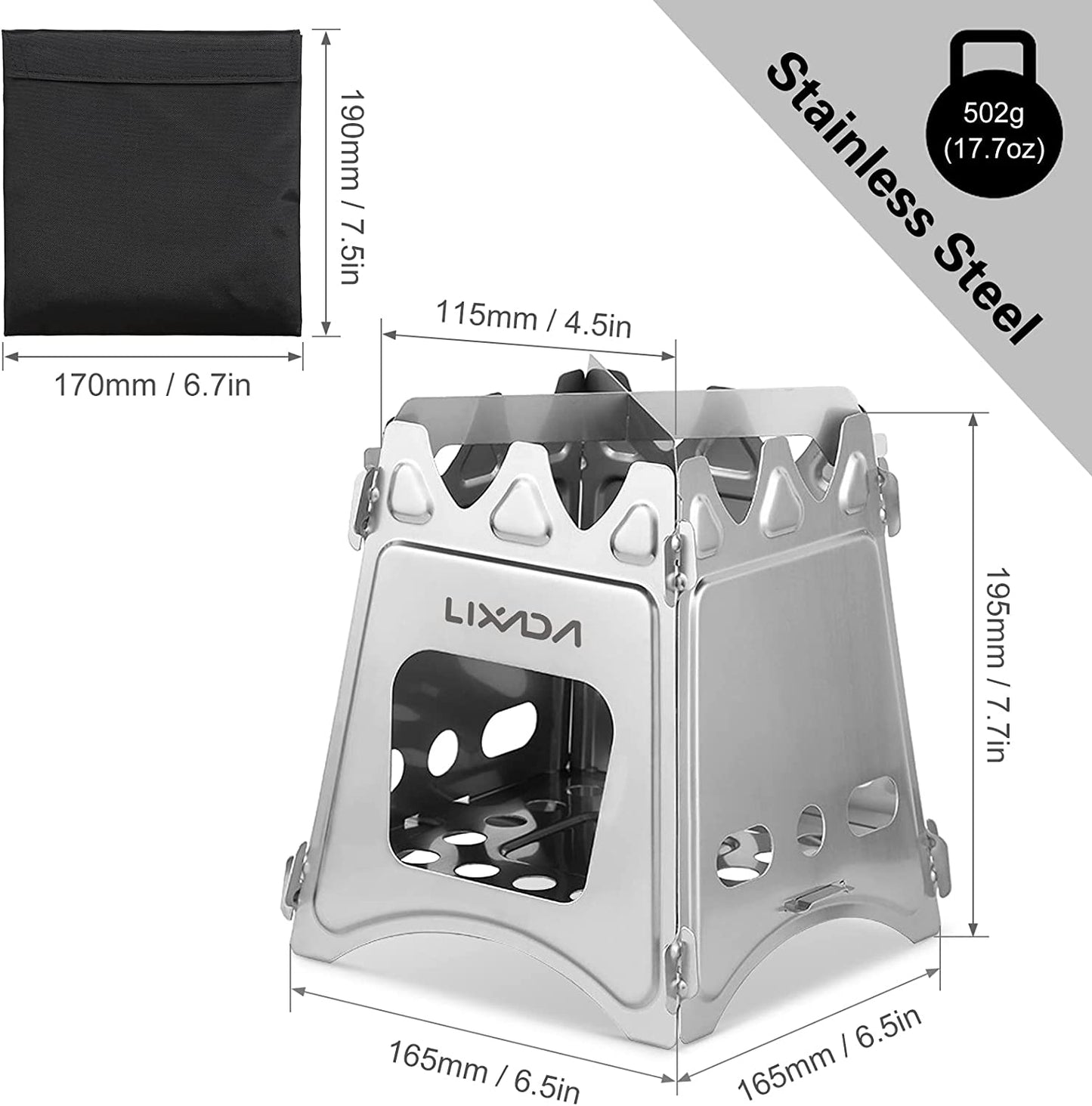 Folding and compact portable camping stove, (stainless steel)