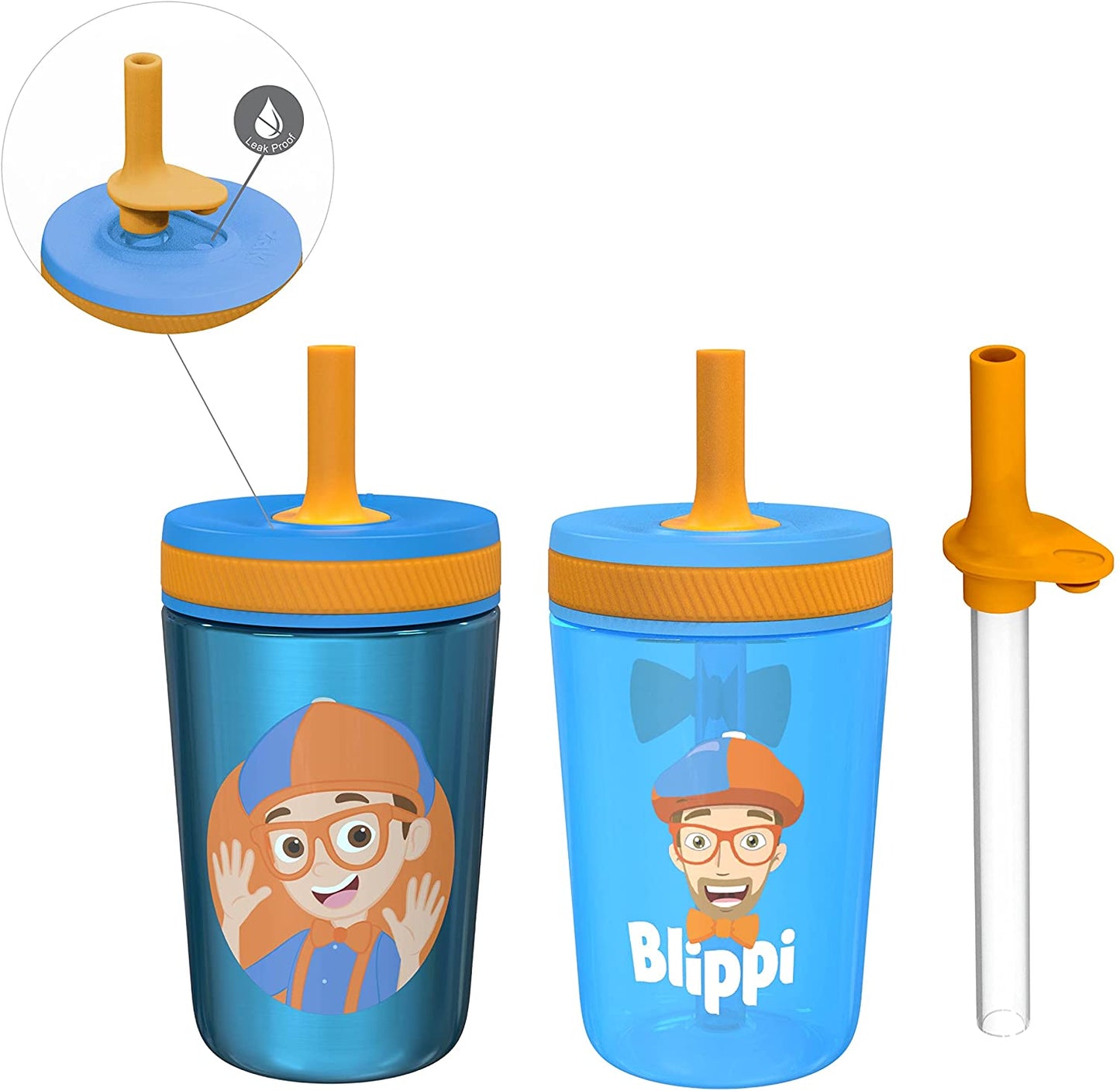 Set of cups, screw lid with straw. 3 piece set. Blippi