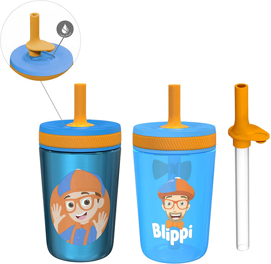 Set of cups, screw lid with straw. 3 piece set. Blippi