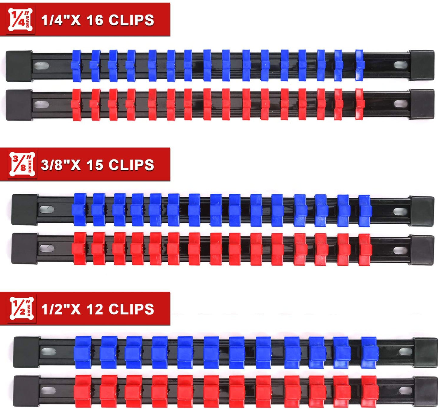 1/4-inch, 3/8-inch, 1/2-inch socket holders (6 pieces blue & red)