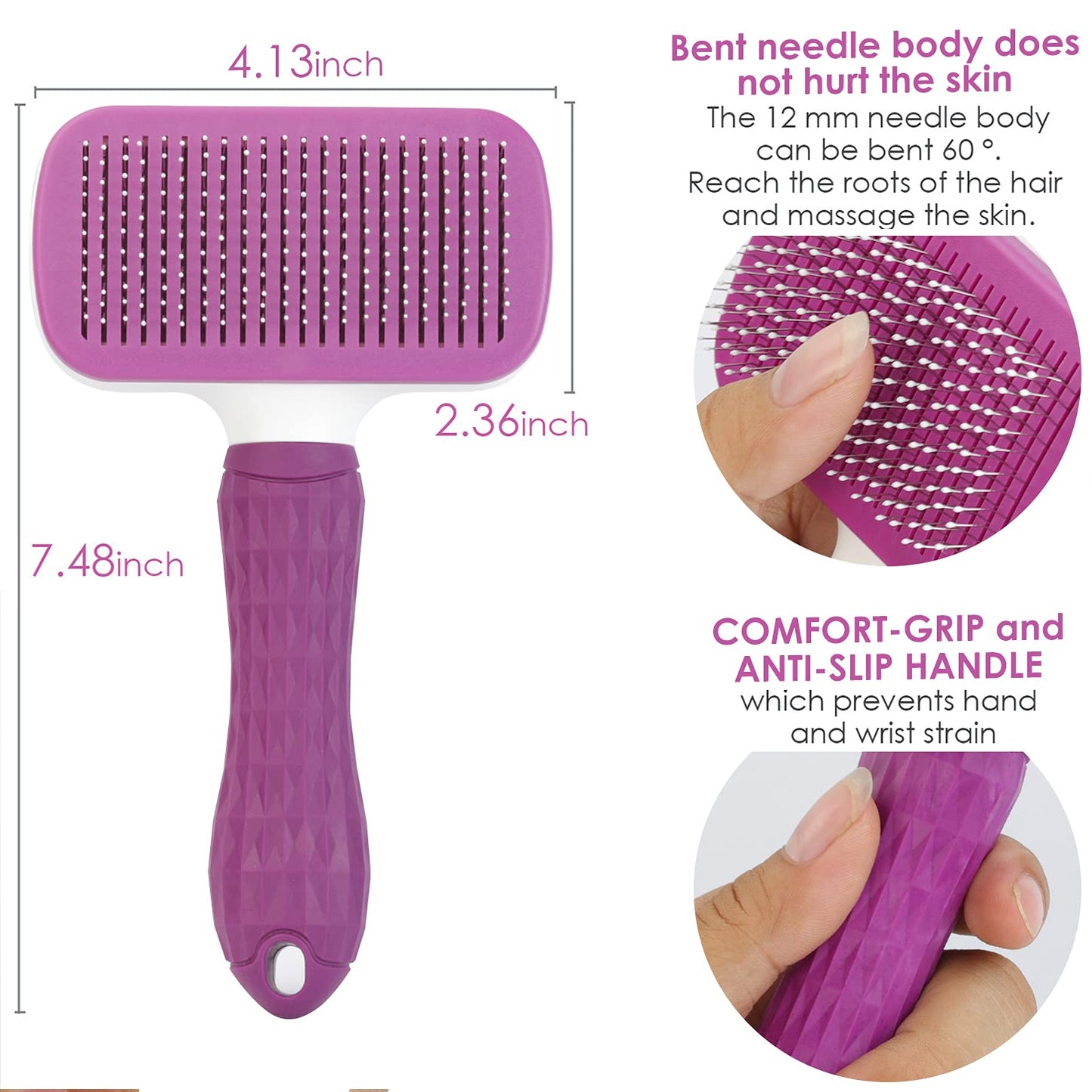 Self-cleaning pet brush, removes undercoat, purple