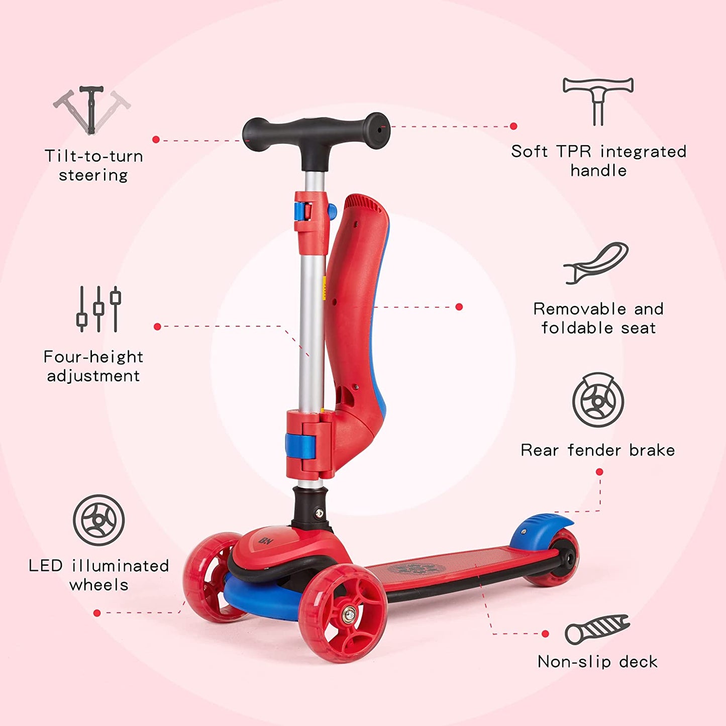 3-wheel scooter with helmet, Colour: Red