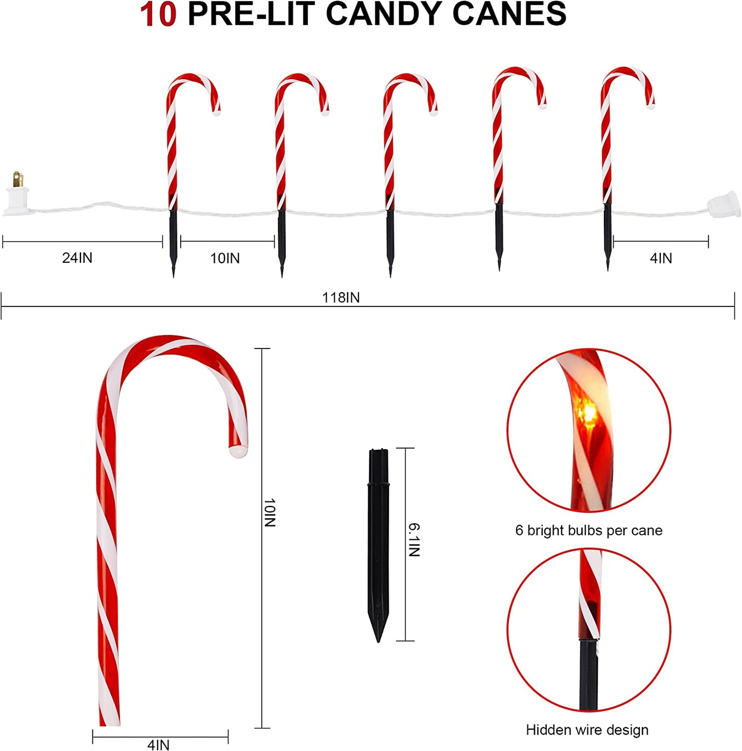 christmas candy cane lights, 10 Inch, 10 Pack