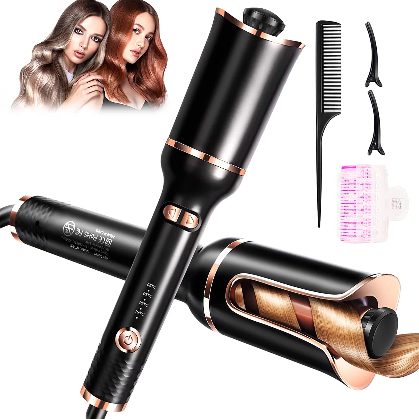 1-inch automatic curling iron, 4 temperatures, (Color: Black)