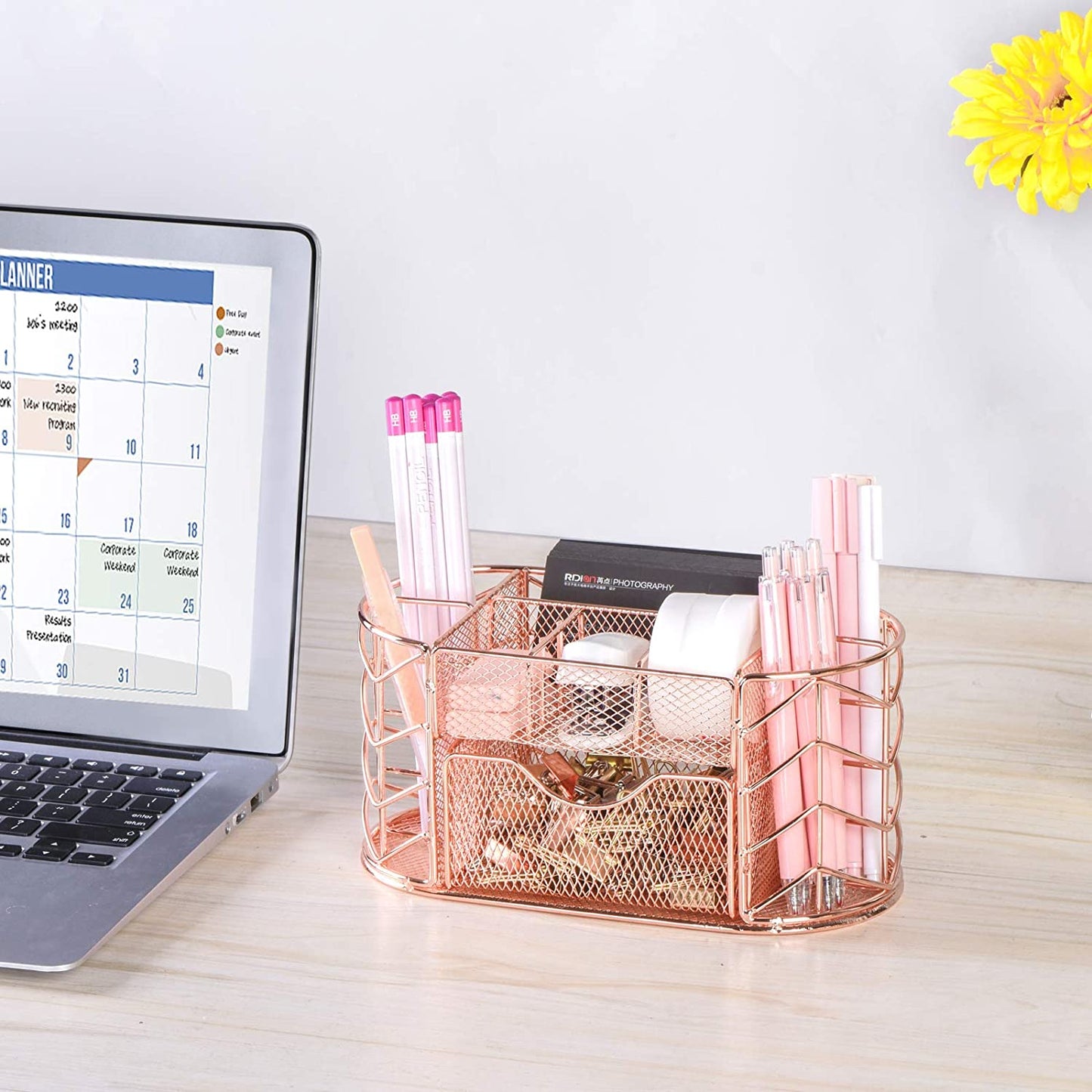 Cute desk organizer trendy mesh for office supplies(Rose Gold)