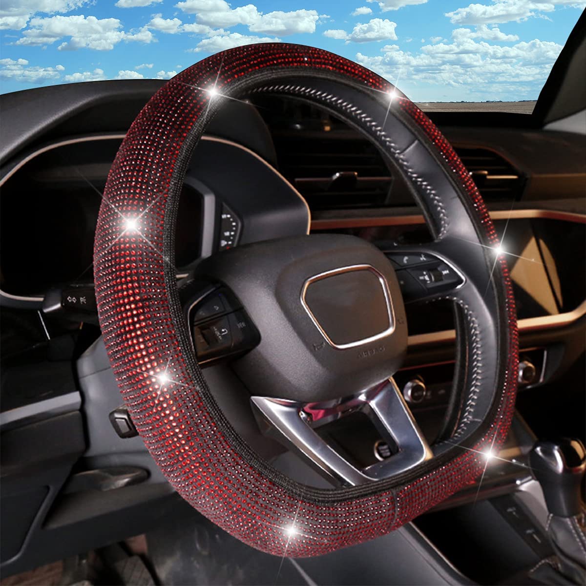 Car steering wheel cover with rhinestones, non-slip (red)