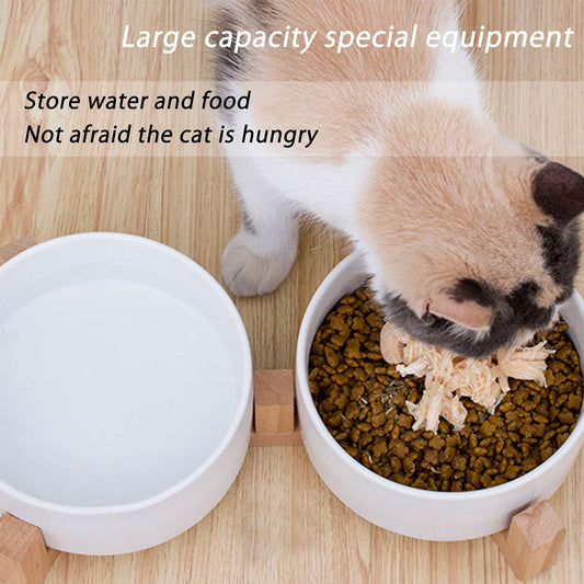400ml*2 white ceramic pet bowl set with wooden stand