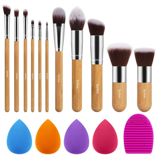 11 makeup brushes, 4 sponges and 1 brush cleaner, bamboo