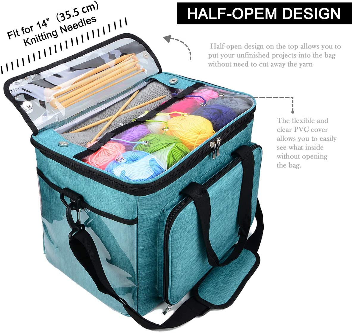 14" Portable Internal Divider Knitting Yarn Storage Bag (Green)