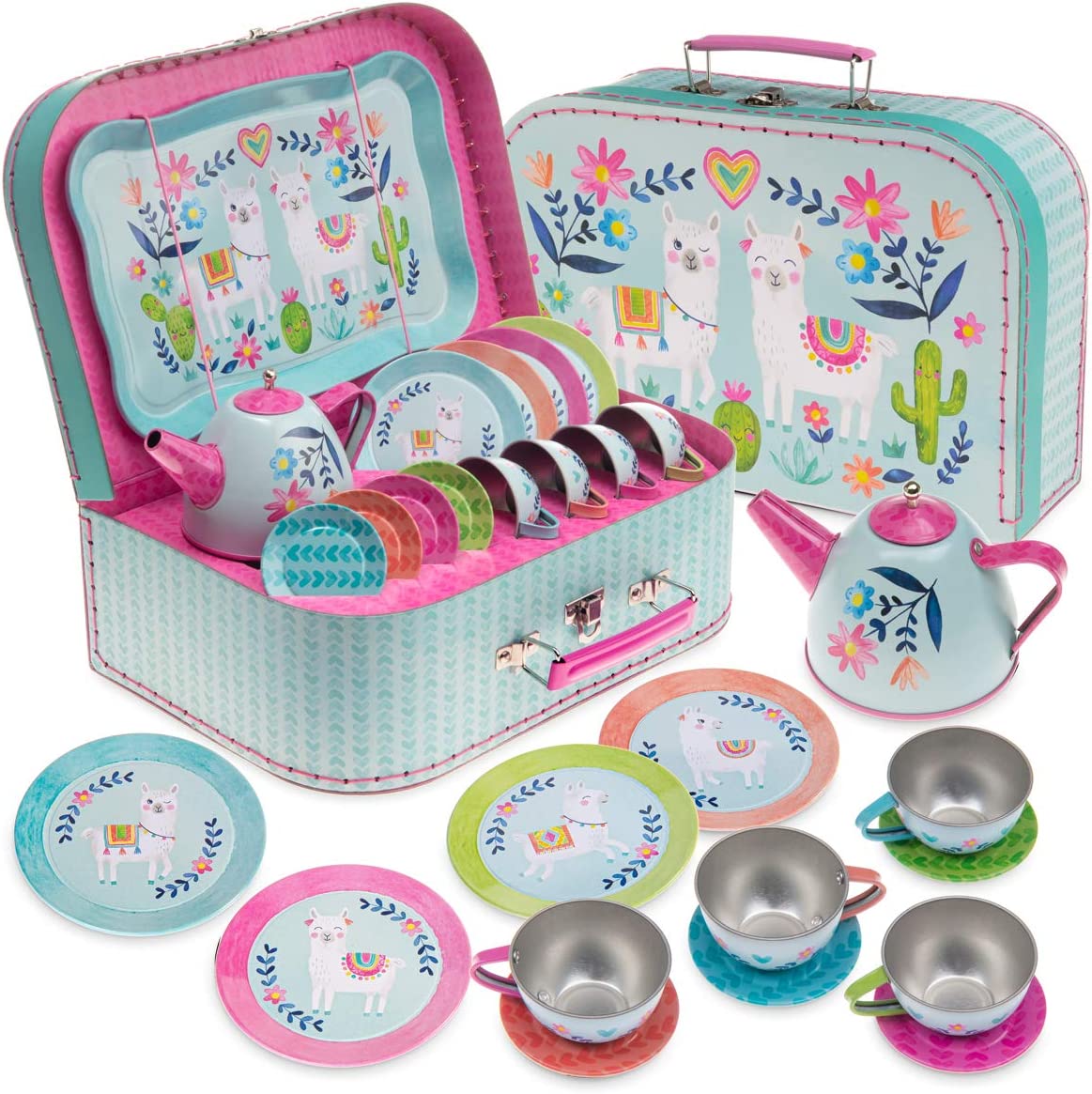 15 piece tin tea set and carrying case with llama design